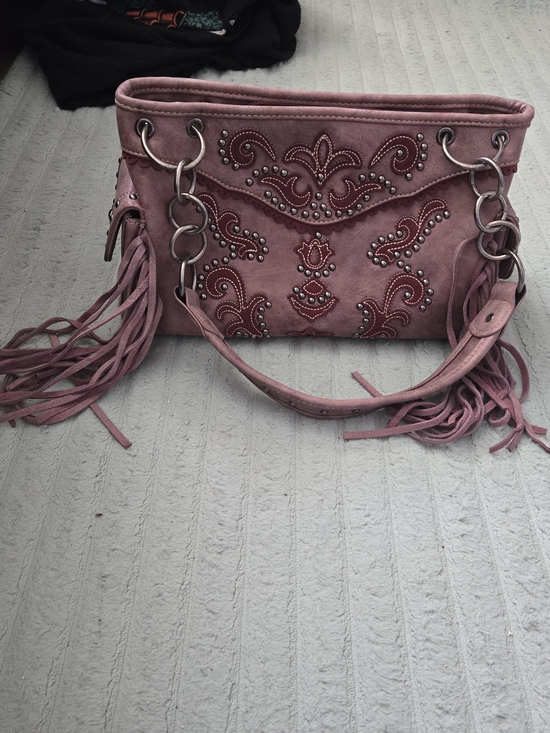 Montana West Handbags - Montana West Pink Suede Fringe Shoulder Bag with Studded Embroidery